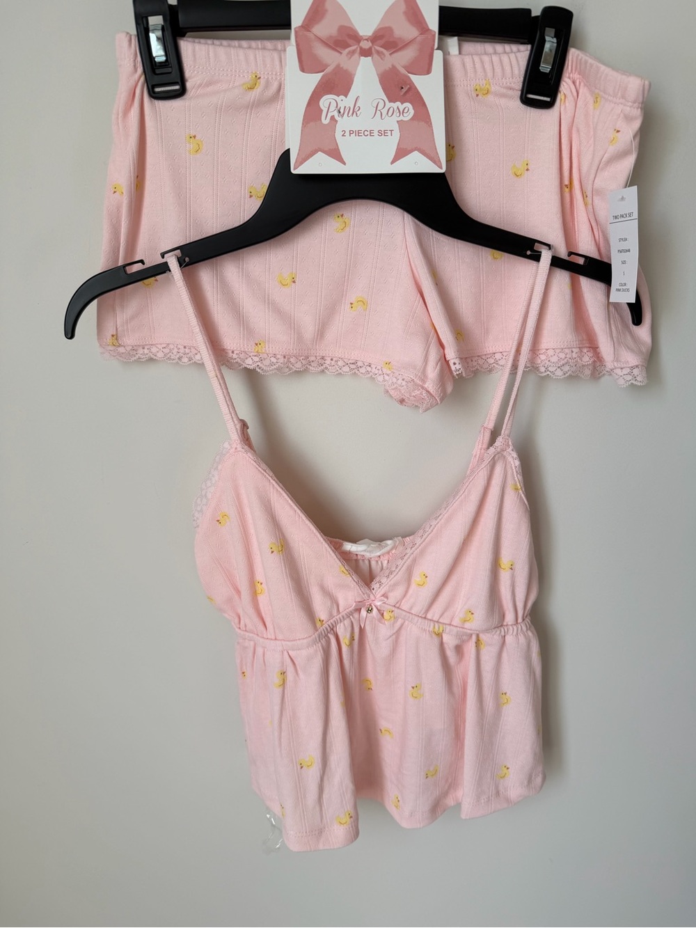 Pink Rose Pink duck print lace trim Camisole & Shorts two piece Set
